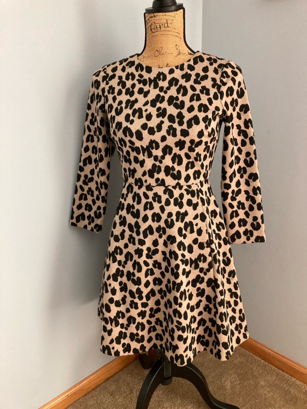 Kate Spade Beige + Black Leopard-Print Fit-and-Flare Dress Women Size 0